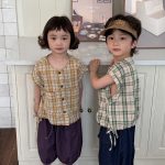 【80-140cm】トップス キッズ服 チェック柄 ノースリーブ