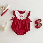 【66-90cm】ロンパース ベビー イチゴ柄 レッド