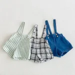 【80-120cm】ショートパンツ 男の子 韓国風 ストライプorチェク サロペット