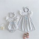 【66-130cm】ロンパースorワンピース ベビー 姉妹服 フリル ストライプ