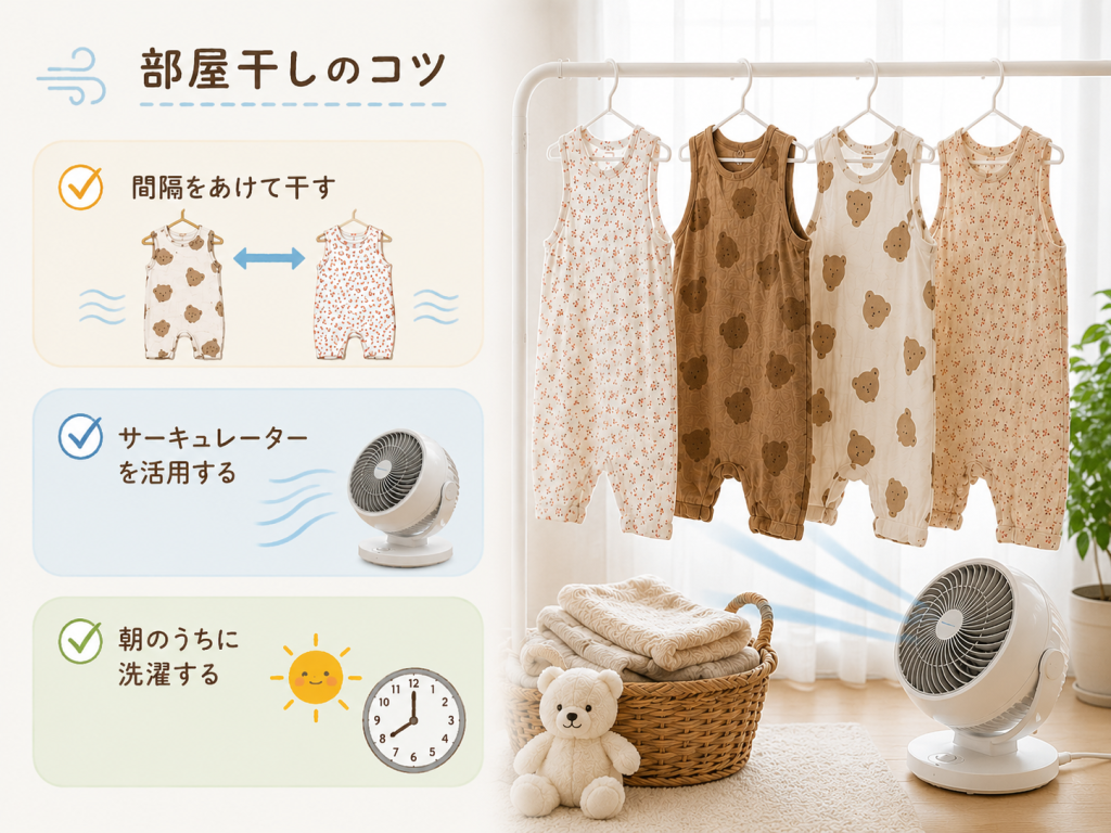梅雨の洗濯ストレスを減らす乾きやすいベビー服の選び方