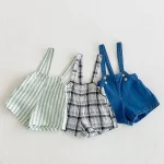 【80-120cm】ショートパンツ 男の子 韓国風 ストライプorチェク サロペット - 画像 (2)