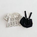 【66-100cm】セットアップ ブラック フラワー サロペット＆シャツ - 画像 (8)