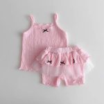 【73-100cm】セットアップ ベビー リボン ドット柄キャミソール&ショートパンツ - 画像 (5)