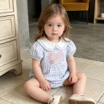 【66-90cm】ロンパース ベビー パフスリーブ ブルー チェック - 画像 (4)