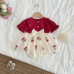 【66-90cm】ロンパース 蝶結び レース レッド 可愛い