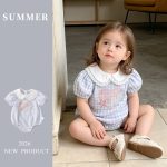 【66-90cm】ロンパース ベビー パフスリーブ ブルー チェック - 画像 (2)
