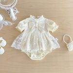 【66-90cm】ロンパース ベビー 蝶結び クリーム レース - 画像 (7)