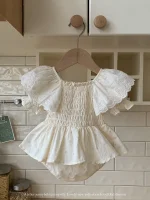 【66-90cm】ロンパース ベビー レース パフスリーブ 小花柄 - 画像 (9)
