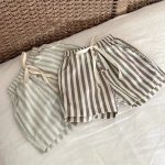 【73-100cm】ショートパンツ ベビー ボタン付き ゴムウエスト ストライプ - 画像 (2)