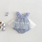 【66-90cm】ロンパース ベビー チュール チェック柄 リボン付き