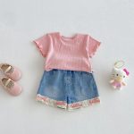 【73-100cm】トップスorショートパンツ ベビー 切り替え リボン付き - 画像 (2)