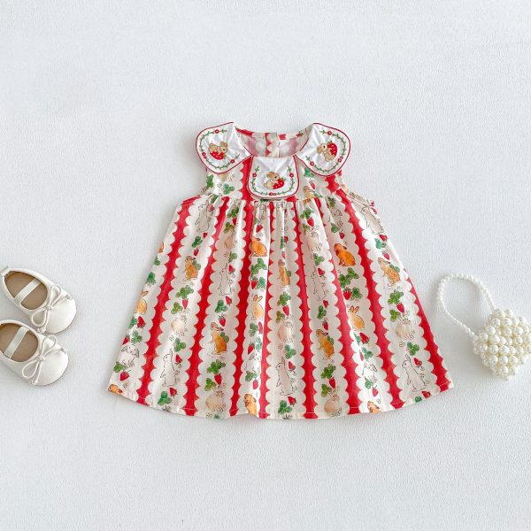 【80-130cm】ワンピース 女の子 刺繍 ウサギ ノースリープ