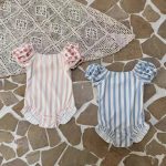 【80-130cm】水着 ストライプ パフスリーブ スイムキャップ付き - 画像 (5)