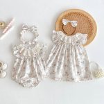 【66-130cm】ロンパースorワンピース ベビー 姉妹服 フラワー柄 - 画像 (2)