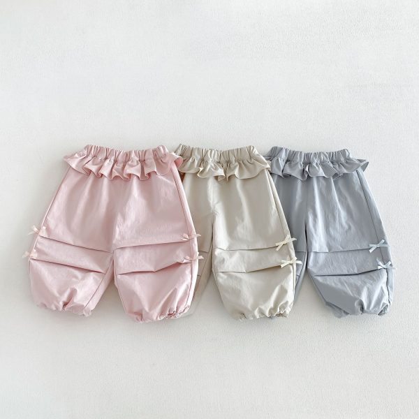 【80-130cm】パンツ 女の子 フリル リボン付き 無地