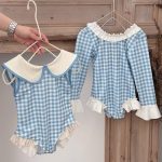 【80-140cm】水着 ブルー チェック フリルデザイン - 画像 (3)