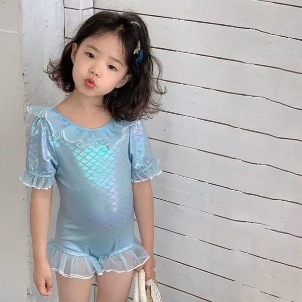 【90-140cm】水着 マーメイドスケイル柄 フリル付き