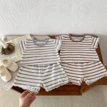 【80-130cm】セットアップ キッズ服 ボーダー ワッフル - 画像 (11)