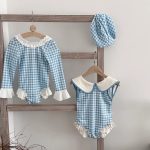 【80-140cm】水着 ブルー チェック フリルデザイン - 画像 (6)