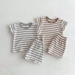 【80-130cm】セットアップ キッズ服 ボーダー ワッフル - 画像 (4)
