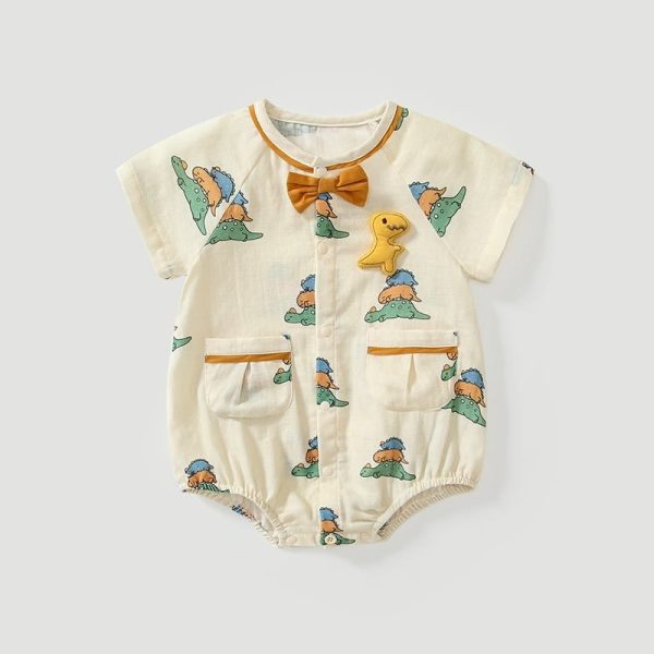 【66-90cm】ロンパース ベビー 恐竜 プリント リボン付き