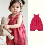 【66-90cm】ロンパース ベビー チェック柄 ノースリープ - 画像 (2)