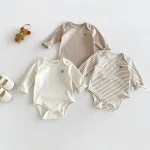 【66-90cm】ロンパース ベビー 熊柄ボーダー シンプル
