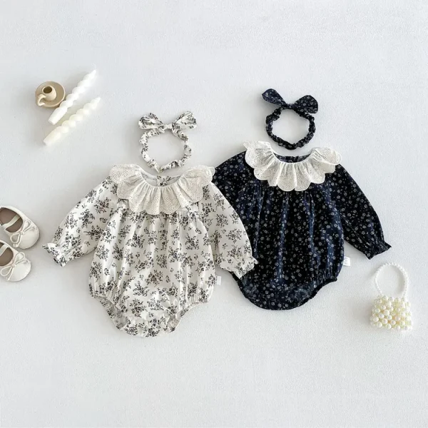 【66-90cm】ロンパース ベビー レース襟 小花柄