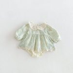 【66-90cm】ロンパース ベビー グリーン 花刺繡