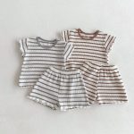 【80-130cm】セットアップ キッズ服 ボーダー ワッフル