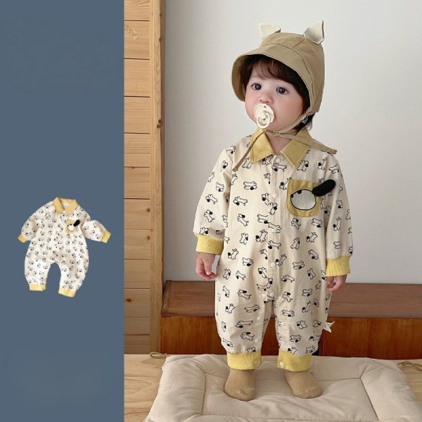 【66-90cm】カバーオール ベビー 折り襟 わんちゃん総柄