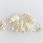 【66-90cm】 ベビー レース蝶結びクリームロンパース