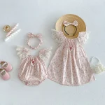 【66-140cm】ロンパースor ワンピース ベビー 小花柄 フリルスリーブ