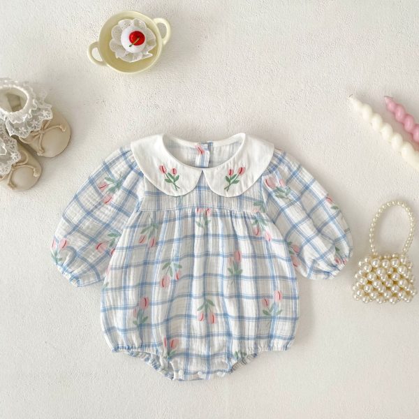 【66-90cm】ロンパース ベビー チューリップ チェック