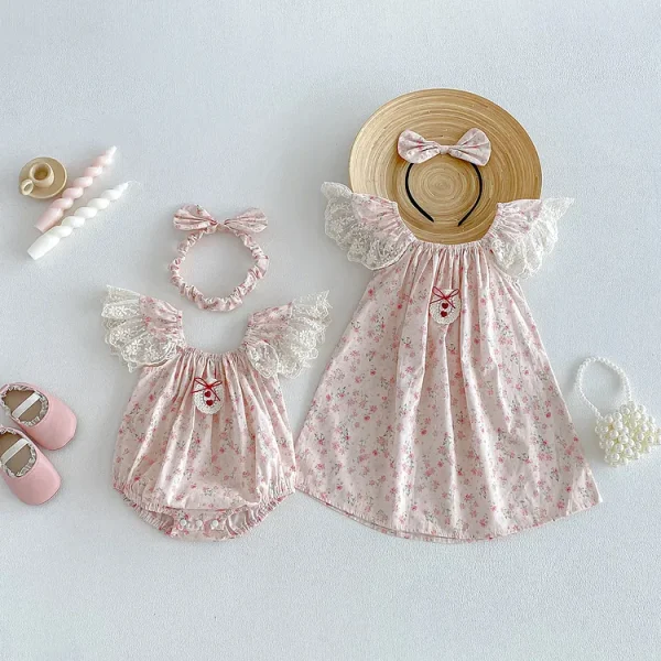 【66-140cm】ロンパースor ワンピース ベビー 小花柄 フリルスリーブ