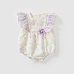 【66-90cm】ロンパース ベビー パープル花 フリル
