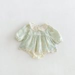 【66-90cm】ロンパース ベビー グリーン 花刺繡 - 画像 (2)