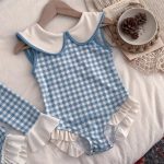 【80-140cm】水着 ブルー チェック フリルデザイン - 画像 (9)