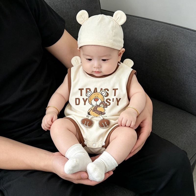eb09c2dad680c5f35ec93bbe9571637c.jpg 【66-90cm】ロンパース ベビー クマプリント ノースリープ - 画像 (1)
