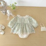 【66-90cm】ロンパース ベビー グリーン 花刺繡 - 画像 (6)