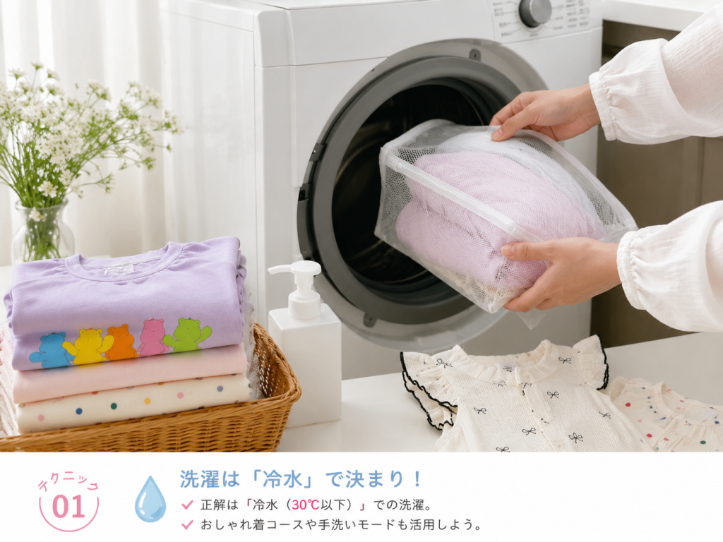 子ども服は冷水で洗うことで色落ちを防ぐ洗濯術