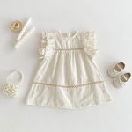 【80-130cm】ワンピース 女の子 透かし フリルスリーブ