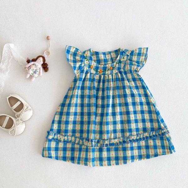 【80-130cm】ワンピース 女の子 チェック柄 フリルスリーブ