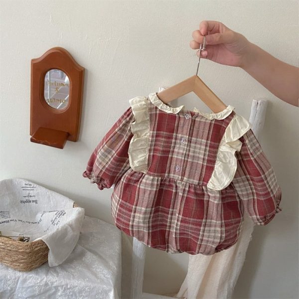【66-90cm】ロンパース ベビー レッド チェック