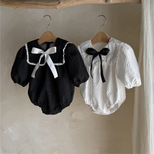 【66-90cm】ロンパース ベビー 襟付き ジャカード