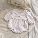 【66-100cm】ロンパース ベビー ドット 丸襟 リボン付き