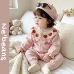 【66-90cm】ロンパース ベビー イチゴ襟 リボン付き - 画像 (3)