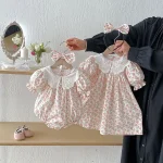 【66-140cm】ロンパース or ワンピース ベビー レース襟 パフスリーブ 花柄 - 画像 (6)