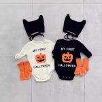 【66-90cm】ロンパース ベビー ハロウィン かぼちゃロゴ - 画像 (9)